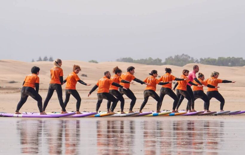 Aerial view of surfers paddling out in Agadir