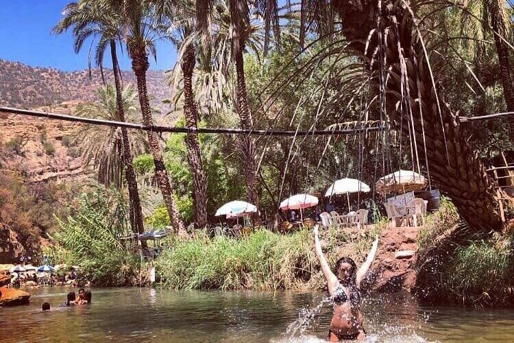 Crystal-clear turquoise pools surrounded by red rock cliffs and palm trees during a Paradise Valley day trip from Taghazout.